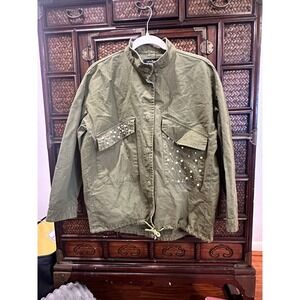 Lea & Viola Pearl Detail Army Green Utility Jacket 100% Cotton Womens sz Large L